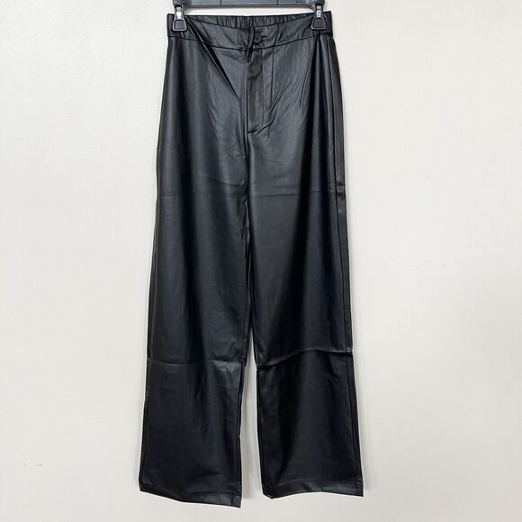 New AMBIANCE Faux Leather Solid Wide Leg Pants Black Women's - Picture 3 of 9